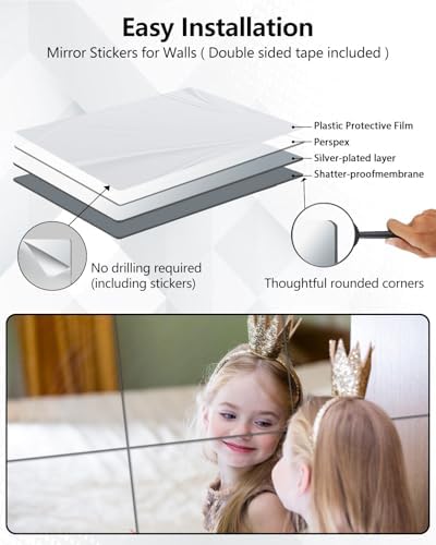 Shatterproof Peel and Stick on Mirror Tiles for Wall Decorative,4 Pcs 14x14 In Unbreakable Small Mirrors For Wall Classroom Decor, Toddlers Mirror for Kids Bedroom, Plastic Door Adhesive Mirrors - Image 6