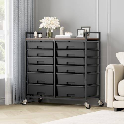 TOOLF 12 Drawers Rolling Storage Cart with Wooden Top for Classroom, Black - Image 2