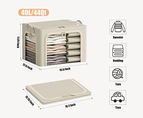 3 Openings Clothes Storage Bins with Metal Frame, Foldable Storage Bin for Clothes, Clothing Storage Bins with Lid, Linen Storage Box With Clear Window＆ Zippers＆ Durable Handles.(3 Pcs ,Beige,40L) - Image 6