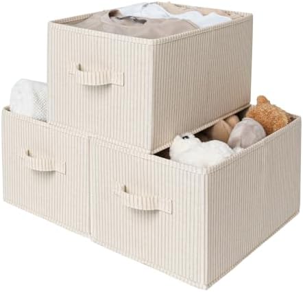 StorageWorks Shelf Organizer Bins, Beige Stripes, 3-Pack, Large by StorageWorks