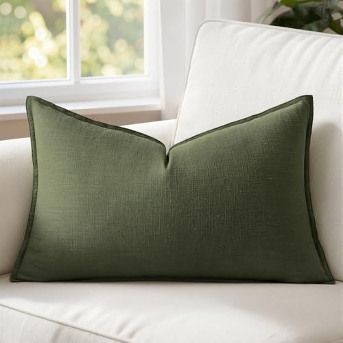 MIULEE Decorative Linen Lumbar Pillow Cover 12x20 Inch Dark Olive Green by MIULEE