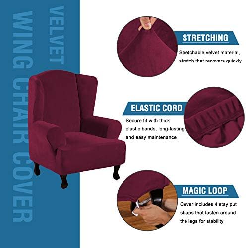 H.VERSAILTEX Wingback Chair Covers Velvet Plush Wing Chair Slipcover 1 Piece High Stretch Wing Back Chair Slipcovers Sofa Cover Furniture Cover with Elastic Bottom, Burgundy - Image 2