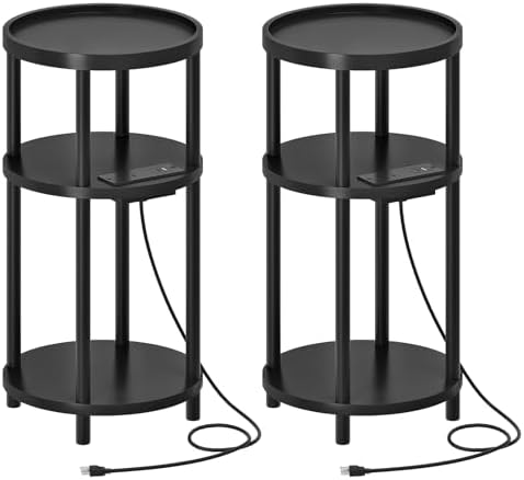HOOBRO Set of 2 Small Round Side Tables with Charging Station, 3-Tier Round Bamboo End Tables, Easy Assembly, for Living Room, Bedroom, Apartment, Black BB152UBZP201 by HOOBRO