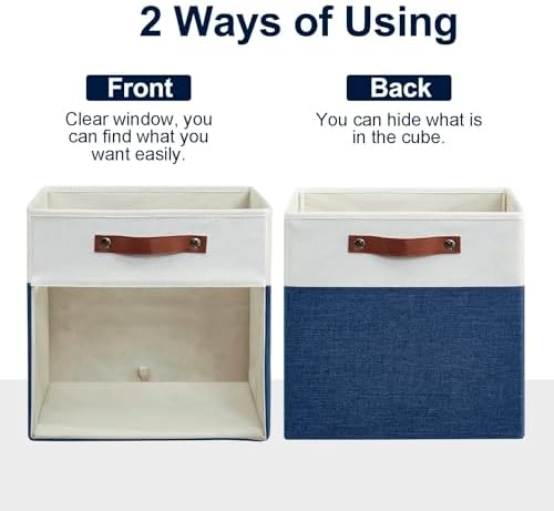 Bagnizer Storage Cubes, 4 Pack Linen Foldable Storage Bins with Clear Window and 2 Handles, 13x15x13 Storage Cube Bins for Shelf Closet, Kallax, Clothes, Books - (Navy Blue / Off-White) - Image 5