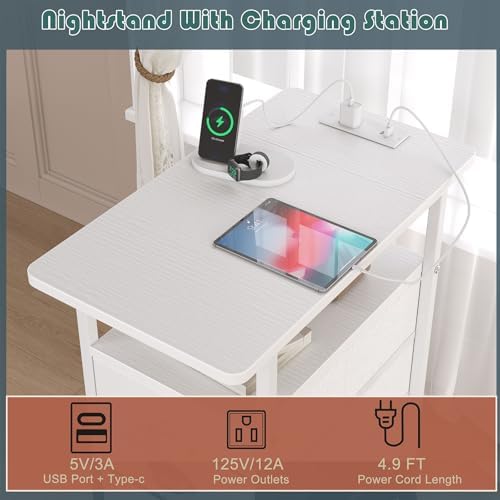 sthmec End Table with Charging Station, Side Tables Livingroom with USB Ports and Outlets,Narrow Nightstands Bedside Tables with 3 Drawers PU Finish for Small Space,Slim Sofa Table Bedroom,White - Image 4