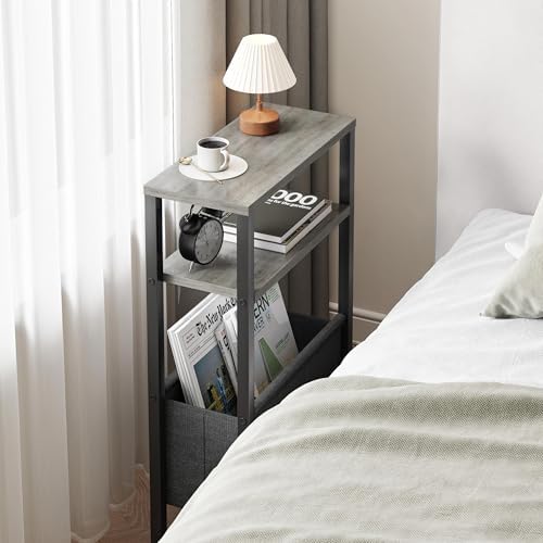 Narrow Side Table, Slim End Table with Magazine Rack, Skinny Bedside Table for Small Spaces, 3 Tier Sofa Couch Table Nightstand for Living Room, Bedroom,Oak Grey LET503Q - Image 5