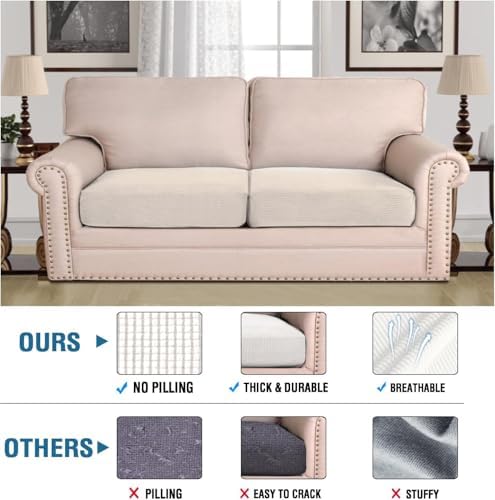 H.VERSAILTEX Super Stretch Individual Seat Cushion Covers - Sofa Couch Cushion Slipcover Sets - Thick Jacquard Textured Twill Fabric - Large (2 Piece, Ivory) - Image 2