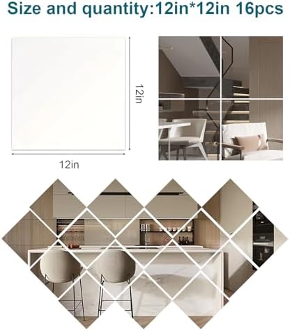 16 Pack 12x12 Inch Shatterproof Acrylic Mirror Tiles, Self-Adhesive Full Body Wall Mirrors for Bedroom, Home Gym, Bathroom & Living Room, Unbreakable Flexible Mirror Sheets - Image 2