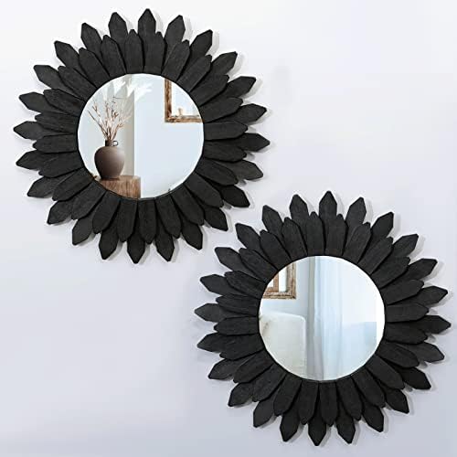 Honiway Boho Wall Decor Mirrors for Wall 2 Pack 12 inch Wood Decorative Mirror for Room Decor Rustic Farmhouse Mirror for Bedroom Bathroom Living Room Kitchen Black by Honiway