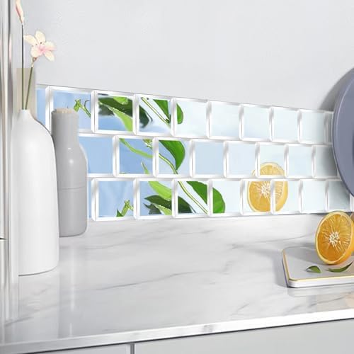 32 Pcs Peel and Stick Beveled Mirror Glass Tile. 3x3 Inch Mirror Backsplash Tiles. Cute Mirror Strip Tile for Kitchen, Bathroom Wall. 32 Pcs - Image 3