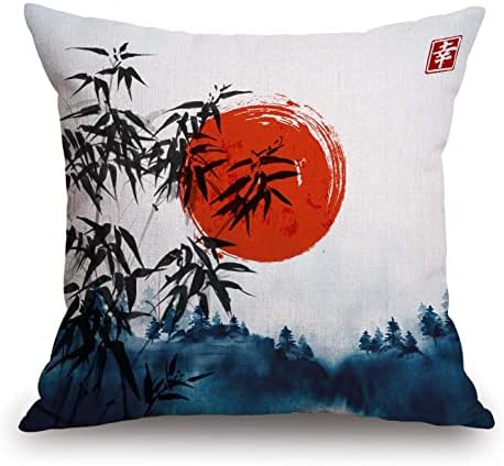 TSSOHU Throw Pillow Cover Japanese Bamboo Pillow case Asian Ink Painting Black Tree Stems Red Sun Mountains Decorative Pillow Case Funny Home Decor Square 18 x 18 Inch Cushion Pillowcase by TSSOHU