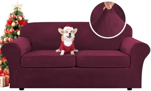 H.VERSAILTEX Real Velvet Plush 3 Piece Stretch Sofa Covers Couch Covers for 2 Cushion Couch Sofa Slipcovers Width Up to 90 Inch Feature Thick Soft Stay in Place (Large Sofa, Burgundy) by HVERSAILTEX
