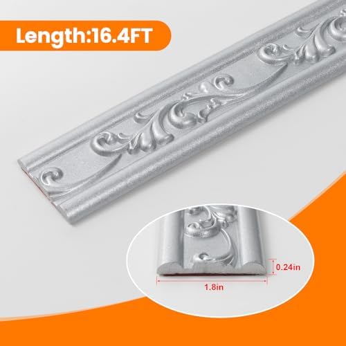 Peel and Stick PVC Crown Molding Trim, 16.4 Ft x 1.8" Flexible Self Adhesive Wall Trim, Decorative Molding Strip for Mirror Frame Baseboard Cabinet Home Decor (Silver) - Image 2