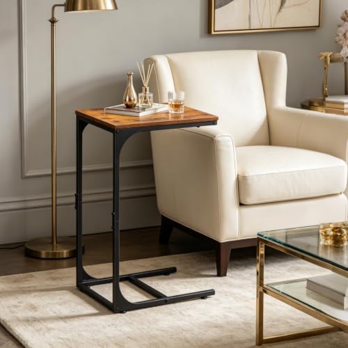 WLIVE C Shaped End Table TV Tray Slide Under Couch Side Table Rustic Brown - Image 2