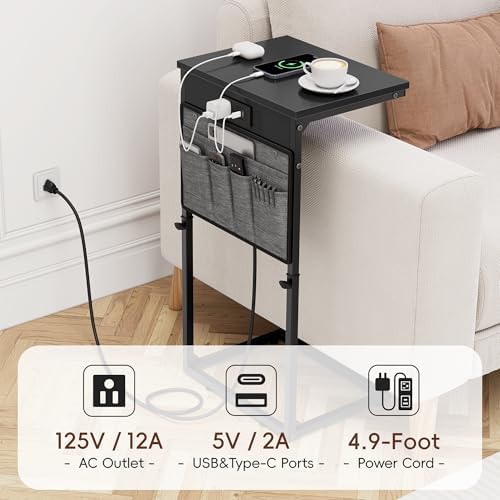 Vagusicc C-Shaped End Table Set of 2 with Charging Station, Small Side Table for Couch, Adjustable Height Couch Side Table, Slide Under Sofa Table TV Tray Tables for Living Room,Bedroom,Bedside, Black - Image 7