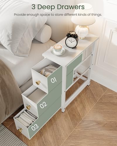CHOEZON Narrow Side Table with 3 Fabric Drawers, Industrial Slim Bedside Table for Small Spaces, Bedroom, Living Room, Dormitory, White TBZ09WB - Image 4