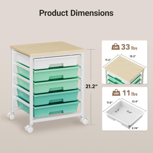 Pipishell Rolling Cart with 5 Drawers, Craft Storage Cart, Green Gradient - Image 3