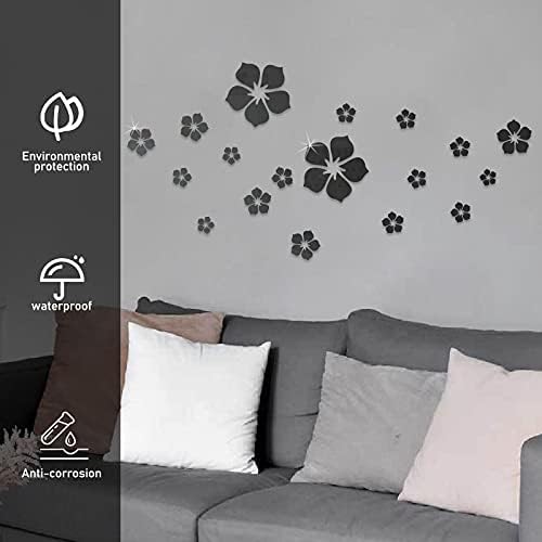 Philbinden Acrylic Mirror Floral Wall Stickers Self Adhesive Mirror Wall Decor Removable Mirror Decor 3D Flower DIY Wall Sticker for Living Room Bedroom Bathroom (Black) - Image 6