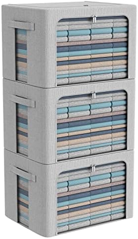 CYhom 3Pack Foldable Storage Bins - Frame Storage Box Linen Fabric Stackable Clothes Container Organizer with Clear Window & Carry Handles Large Capacity (Large-66L, Light Grey) by CYhom