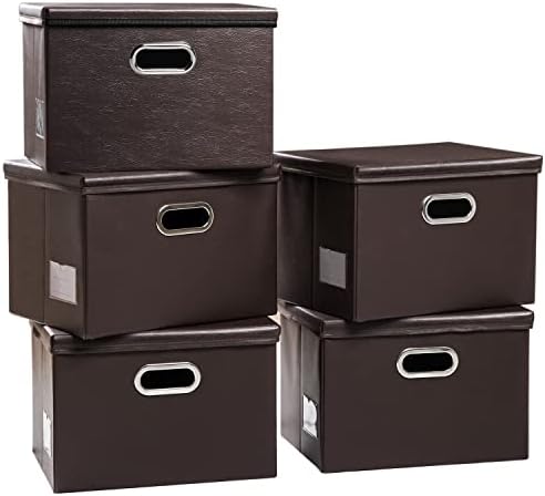 PRANDOM Large Stackable Storage Boxes with Lids [5-Pack] Leather Fabric Foldable Storage Bins Organizer Containers Baskets Cubes with Cover for Bedroom Closet Office Nursery Brown(17.7x11.8x11.8) by Prandom