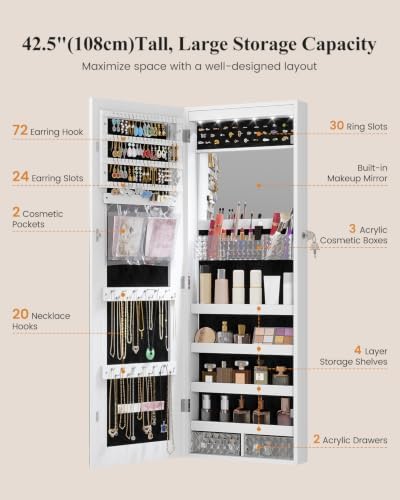 LVSOMT 42.5" Wall Mounted Jewelry Organizer with LED Mirror, White - Image 3
