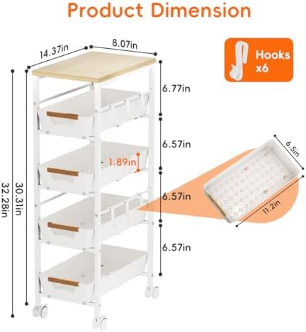 5-Tier Slim Storage Cart, Wooden Top Rolling Kitchen Cart with Pull-Out Baskets & Wheels, Narrow Space Utility Cart Slide Out Organizer for Kitchen, Bathroom, Laundry Room, White - Image 5