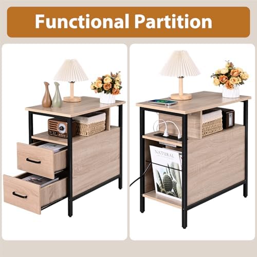 Livofloral Side Tables with Charging Station, Narrow End Table with 2 Wooden Drawers, USB Ports and Power Outlets, Narrow Nightstand and Bedside Table, Side Tables Living Room, Bedroom, Greige - Image 5
