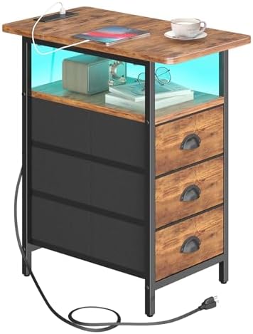 sthmec End Table with Charging Station,LED Side Tables with USB Ports and Outlets,Narrow Nightstands Bedside Tables with 3 Fabric Drawers for Small Space,Slim Sofa Table for Livingroom, Rustic Brown by Unknown