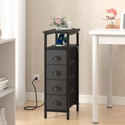 sthmec Side Table with Charging Station, Narrow End Table with 4 Drawers, Small Nightstands with Fabric Drawers,Slim Sofa Couch Side Tables for Small Spaces,Living Room,Bedroom, Black - Image 6