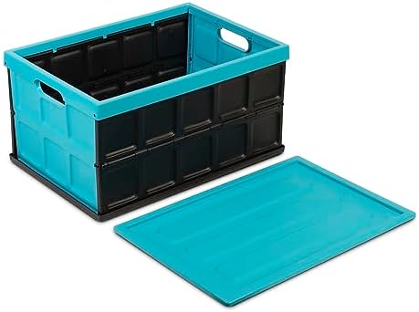Glad Collapsible Storage Bin with Lid - 48L Foldable Plastic Box for Garage, Car Trunk, and Organization - Stackable Lidded Container with Handles, Turquoise - Image 7
