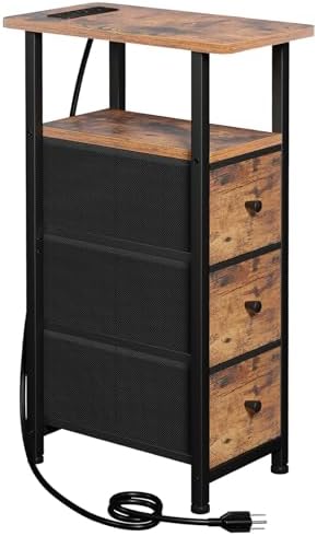 LOAKEKEL Narrow End Table with Charging Station, Small Nightstand by LOAKEKEL