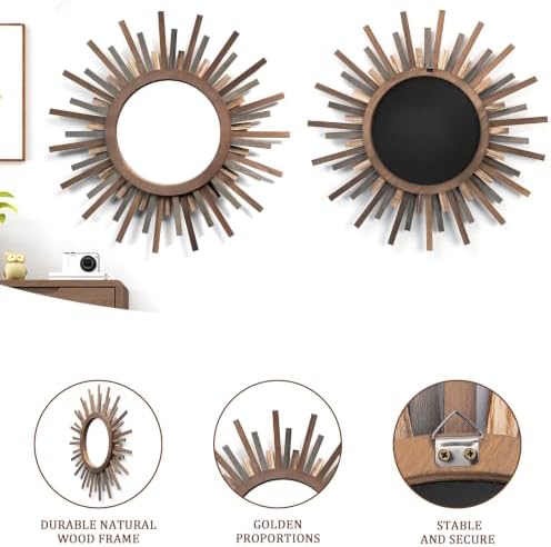 24 Inch Boho Sunburst Mirror, Decorative Rustic Farmhouse Wall Decor for Living Room, Bedroom, Bathroom, Hallway - Tricolor Wood Frame - Image 4