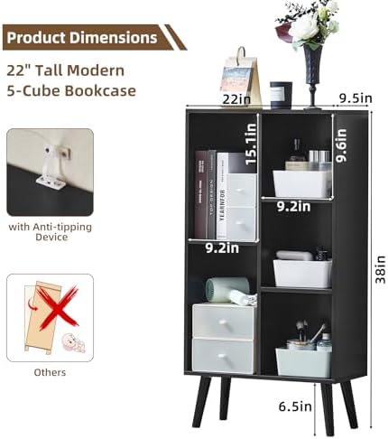 LEYAOYAO 5 Cube Bookshelf, Mid-Century Modern Book Shelf with Legs, Black - Image 2