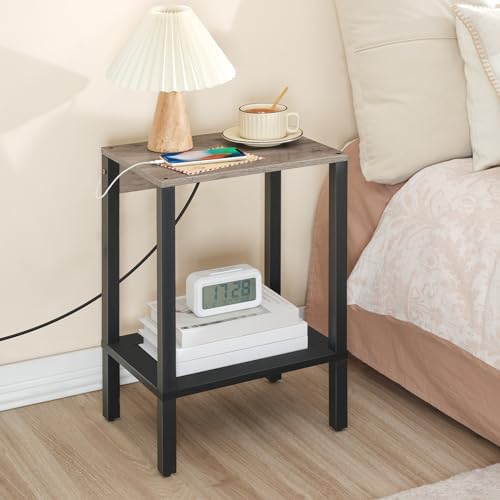 HOOBRO Side Table with Charging Station, End Table with USB Ports and Outlet, Nightstand with 2-Tier Storage Shelf, Faux Rattan Decoration, for Small Space, Greige and Black BG91UBZ01 - Image 6