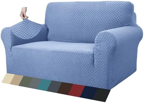 ZNSAYOTX 1 Piece Jacquard Couch Covers for 2 Cushion Couch High Stretch Loveseat Slipcover for Pets Dogs Anti Slip Love Seat Sofa Slipcover Furniture Protector (Medium, Light Blue) by ZNSAYOTX