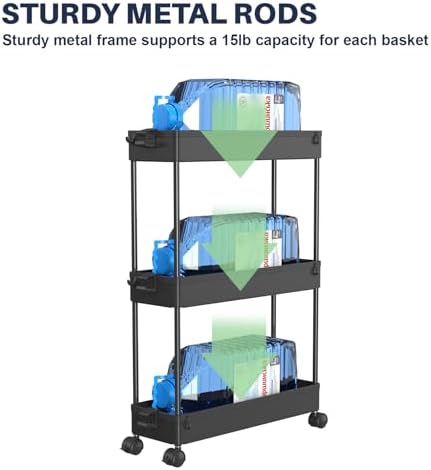 SPACELEAD 3 Tier Rolling Cart with Wheels, Storage Craft Art Trolley Organizer Serving, 3 Hanging Baskets Easy Assembly, for Office, Bathroom，Living Room, Kitchen, Black - Image 4