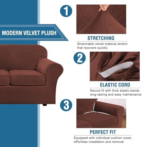 H.VERSAILTEX Modern Velvet Plush 4 Piece High Stretch Sofa Slipcover Sofa Cover Furniture Protector Form Fit Thick Velvet Sofa Cover for 3 Cushion Couch Width Up to 90 Inch (Sofa, Burnt Brick) - Image 3