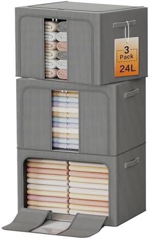 Clothes Storage Bins with Metal Frame, Foldable Clothes Organizers Storage Containers for Clothes, Sheets, Blankets, Pillows and Towels (24L, 3 Pack, Deep Grey) by LeArex