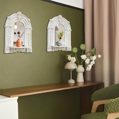 2 Set Vintage Candle Wall Sconce for Home Decor Living Room Bedroom Office Wood Antique Mirrored Victorian Mounted Candlestick Wall Holder Relief Hanging Decor -White 11.8in - Image 6