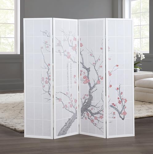 Roundhill Furniture White Japanese 4-Panel Screen Room Divider, Plum Blossom - Image 2