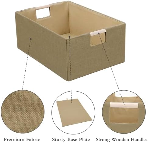 Foldable Fabric Storage Cubes, Cloth Storage Baskets with Wooden Handles, Shelf Closet Organizer Bins, Rectangular Linen Storage Boxes for Decor, 16.5 x 12.2 x 6.7 Inches - Image 4