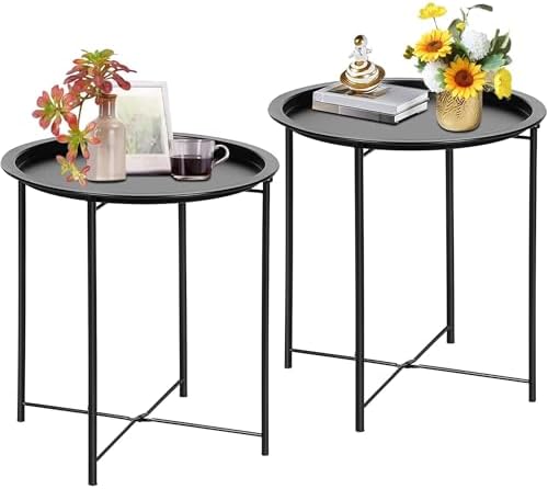 VECELO Side/End Table, Folding Round Metal Anti-Rust and Waterproof Outdoor or Indoor Tray for Living Room Bedroom Balcony and Office, 2 PCS, Black by VECELO