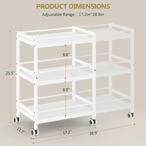 3-Tier Expandable Rolling Pantry Organizers and Storage Cart with Wheels, Adjustable Pantry Floor Organizer, Snack Cart for Pantry, Kitchen Storage Cart with 4 Hooks for Snack, Food, Vegetables, White - Image 2