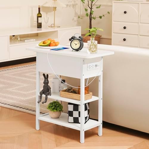 Yoobure End Table with Charging Station, Flip Top Side Table with USB Ports and Outlets, Sofa Couch Table Bedside Table for Living Room Bedroom, Narrow Nightstand with Storage Shelves for Small Spaces - Image 5
