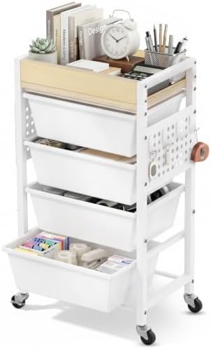 5 Tier Rolling Cart with Drawers, Plastic Drawer Storage Craft Cart with Pegboards & Hooks, Metal Utility Cart with Wheels & Wooden Tabletop, Classroom Office Art Supply Organizers and Storage, White by TimeForest