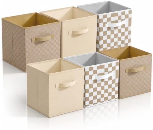 Chunful 6 Pcs 11 Inch Checkered Fabric Cube Storage Bin Brown White Plaid by Chunful