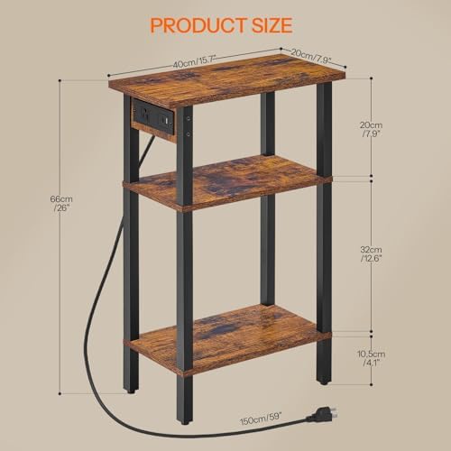 HOOBRO Narrow Side Table, Set of 2, 3-Tier Slim End Table with Charging Station, Skinny Nightstand with Open Storage, for Small Spaces, Living Room, Bedroom, Study, Rustic Brown and Black BF340UBZP201 - Image 3