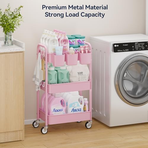 YASONIC 3 Tier Rolling Cart, Heavy Duty Metal Utility Cart with Wheel Pink - Image 2