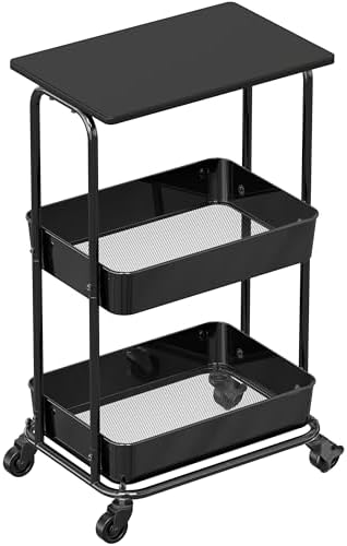 Simple Houseware 2-Tier Rolling Utility Cart Wood Top/Lockable Wheel, Black by SimpleHouseware