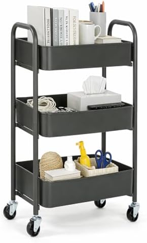 SunnyPoint 3-Tier Delicate Compact Rolling Metal Storage Organizer - Mobile Utility Cart Kitchen/Under Desk Cart with Caster Wheels (Gray, 15.35" X 10.24" X 26.8"H) by SunnyPoint